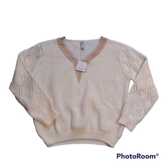 Noracoara Contrast Guipure Lace Drop Shoulder Sweater Biege Size XXL NWT - Picture 4 of 13